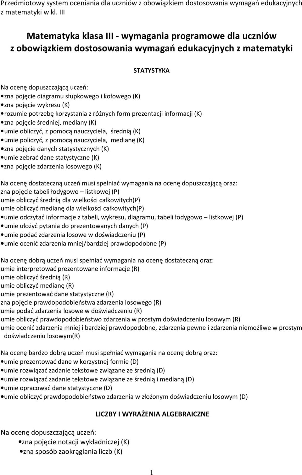 policzyć, z pomocą nauczyciela, medianę (K) zna pojęcie danych statystycznych (K) umie zebrać dane statystyczne (K) zna pojęcie zdarzenia losowego (K) Na ocenę dostateczną uczeń musi spełniać