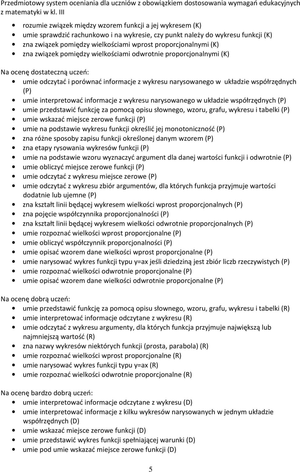 informacje z wykresu narysowanego w układzie współrzędnych (P) umie przedstawić funkcję za pomocą opisu słownego, wzoru, grafu, wykresu i tabelki (P) umie wskazać miejsce zerowe funkcji (P) umie na