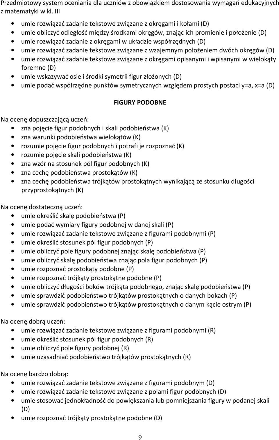 umie wskazywać osie i środki symetrii figur złożonych (D) umie podać współrzędne punktów symetrycznych względem prostych postaci y=a, x=a (D) FIGURY PODOBNE Na ocenę dopuszczającą uczeń: zna pojęcie