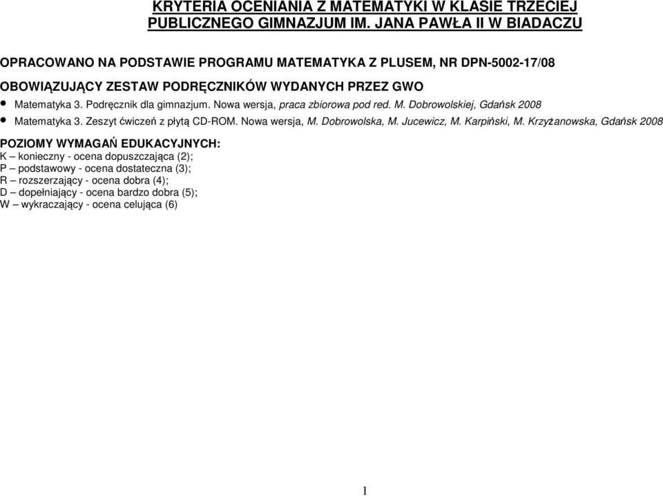 Podręcznik dla gimnazjum. Nowa wersja, praca zbiorowa pod red. M. Dobrowolskiej, Gdańsk 2008 Matematyka 3. Zeszyt ćwiczeń z płytą CD-ROM. Nowa wersja, M. Dobrowolska, M.