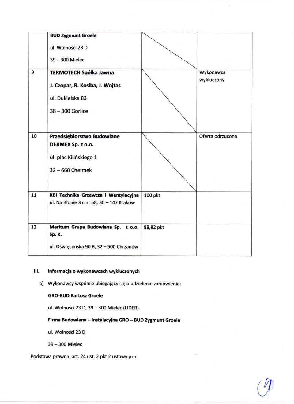 Informacja o wykonawcach wykluczonych a) Wykonawcy wspolnie ubiegajqcy sie 0 udzielenie zamowienia: GRO-BUD Bartosz Groele ul.