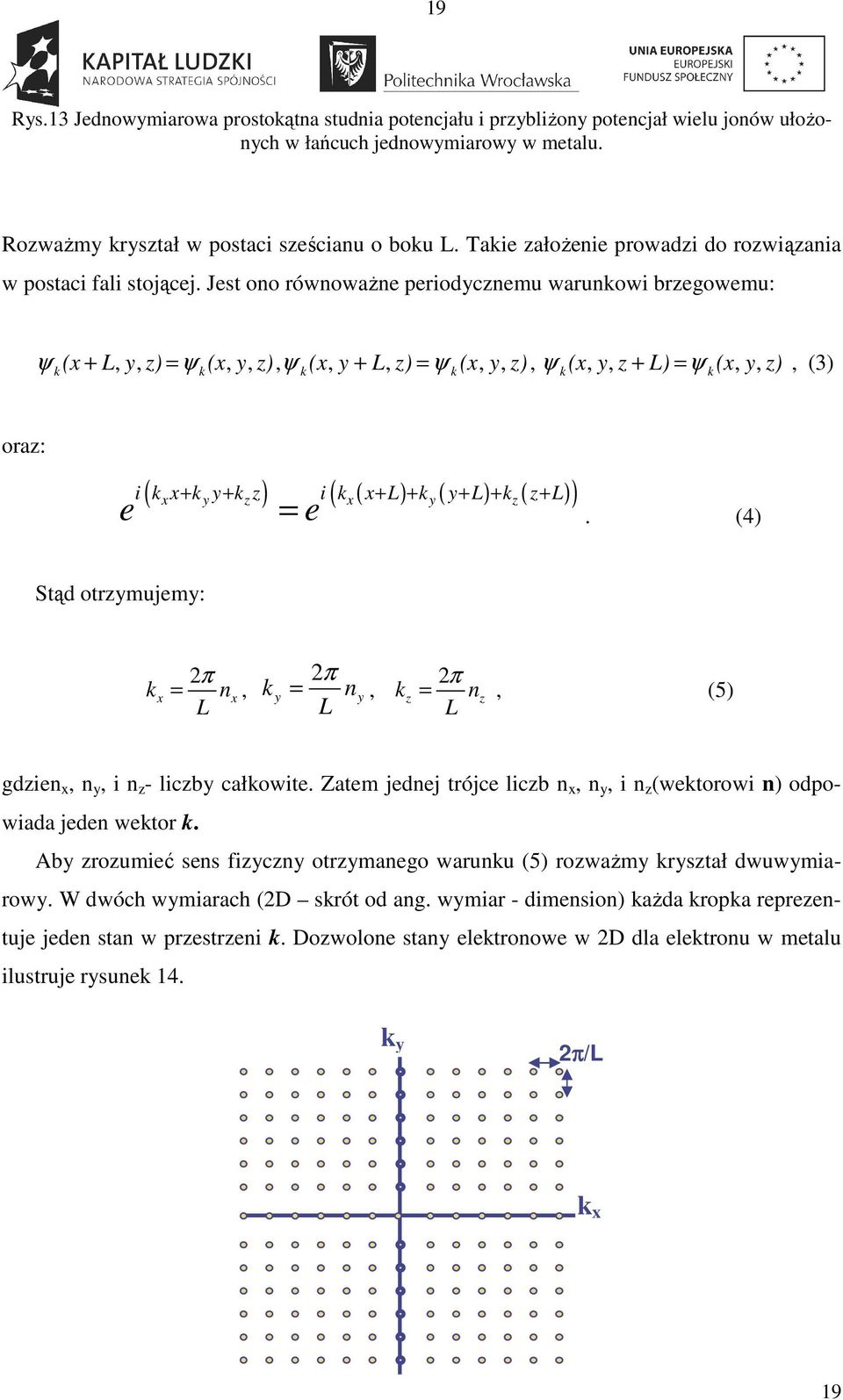 Jest ono równowaŝne periodycznemu warunkowi brzegowemu: ψ (x + L, y, z) = ψ (x, y, z), ψ (x, y + L, z) = ψ (x, y, z), ψ (x, y, z + L) = ψ (x, y, z), (3) k k k k k k oraz: ( x + y + z ) ( x ( + ) + y