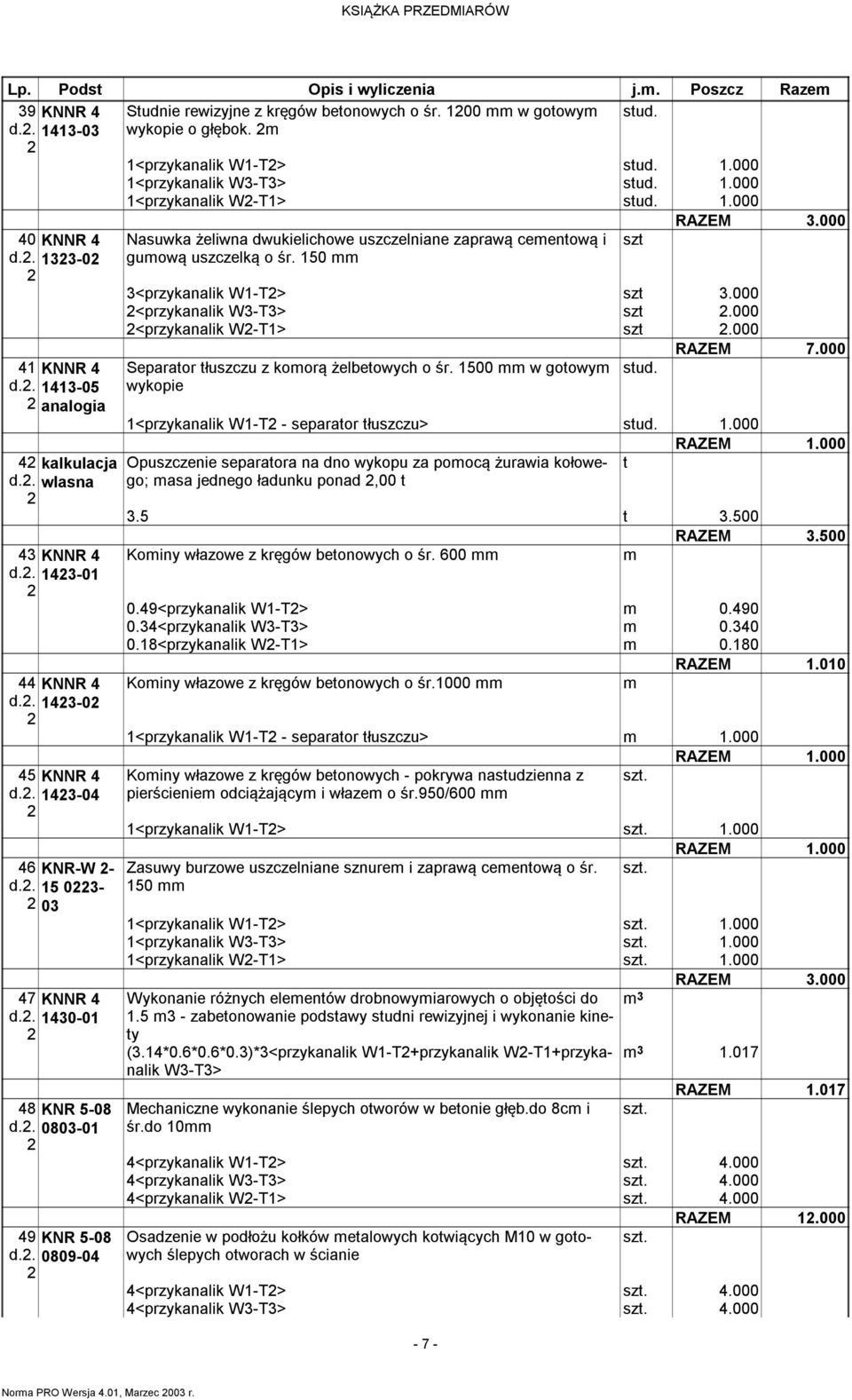 . 430-0 48 KNR 5-08 d.. 0803-0 49 KNR 5-08 d.. 0809-04 Nasuwka żeliwna dwukielichowe uszczelniane zaprawą ceentową i guową uszczelką o śr. 50 szt 3<przykanalik W-T> szt 3.000 <przykanalik W3-T3> szt.