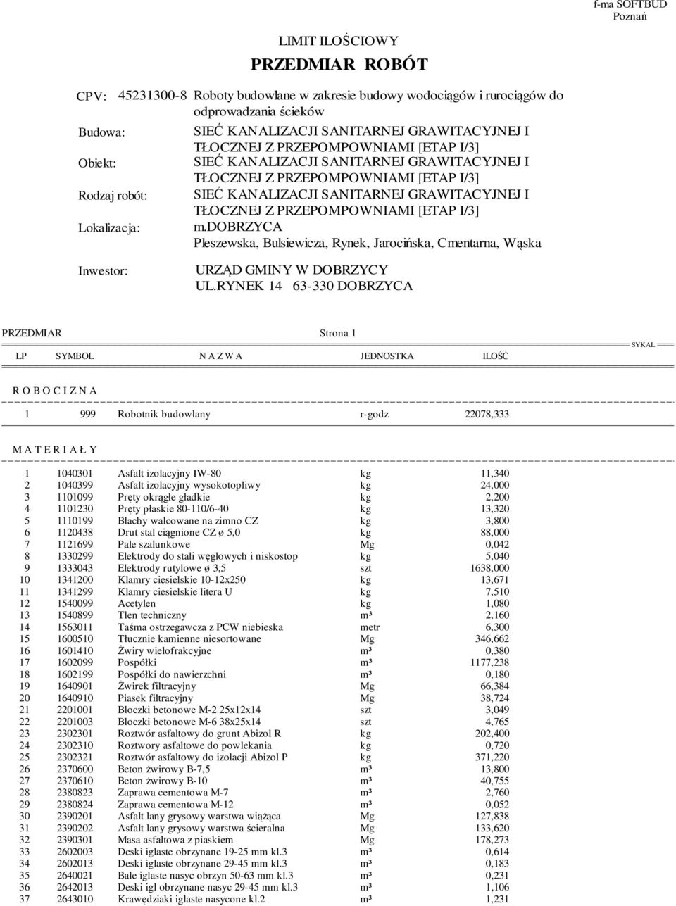 RYNEK 14 63-330 DOBRZYCA PRZEDMIAR Strona 1 LP SYMBOL OSTKA R O B O C I Z N A 1 999 Robotnik budowlany r-godz 22078,333 M A T E R I A Ł Y 1 1040301 Asfalt izolacyjny IW-80 kg 11,340 2 1040399 Asfalt