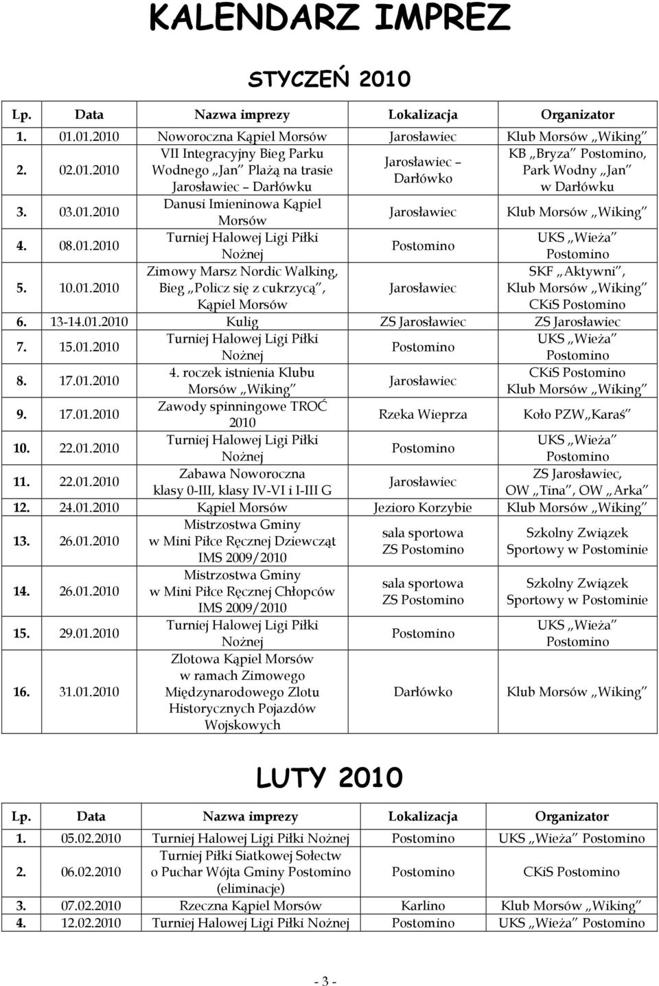 13-14.01. Kulig 7. 15.01. Turniej Halowej Ligi Piłki UKS WieŜa NoŜnej 8. 17.01. 4. roczek istnienia Klubu Morsów Wiking Klub Morsów Wiking 9. 17.01. Zawody spinningowe TROĆ Rzeka Wieprza Koło PZW Karaś 10.