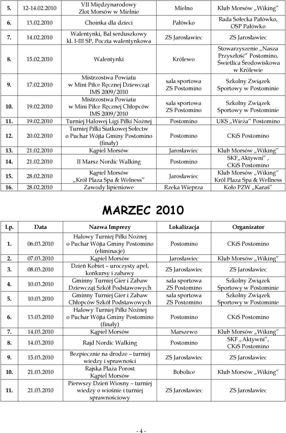 19.02. Turniej Halowej Ligi Piłki NoŜnej UKS WieŜa 12. 20.02. Turniej Piłki Siatkowej Sołectw o Puchar Wójta Gminy (finały) 13. 21.02. Kąpiel Morsów Klub Morsów Wiking 14. 21.02. II Marsz Nordic Walking SKF Aktywni, 15.