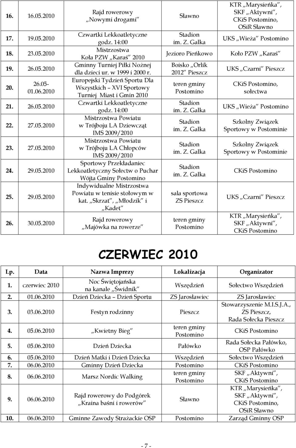 Europejski Tydzień Sportu Dla Wszystkich XVI Sportowy Turniej Miast i Gmin w Trójboju LA Dziewcząt w Trójboju LA Chłopców Sportowy Przekładaniec Lekkoatletyczny Sołectw o Puchar Wójta Gminy