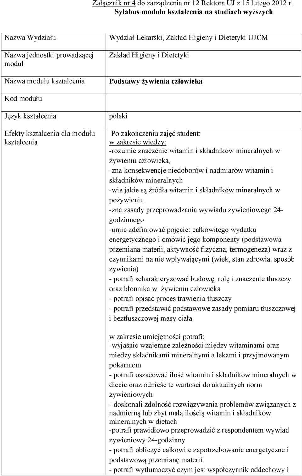 Podstawy żywienia człowieka Kod modułu Język kształcenia Efekty kształcenia dla modułu kształcenia polski Po zakończeniu zajęć student: w zakresie wiedzy: -rozumie znaczenie witamin i składników