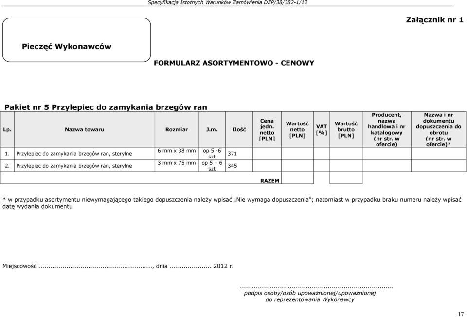 VAT [%] brutto Producent, nazwa handlowa i nr katalogowy ofercie) Nazwa i nr dokumentu dopuszczenia do obrotu ofercie)* RAZEM * w przypadku asortymentu niewymagającego takiego