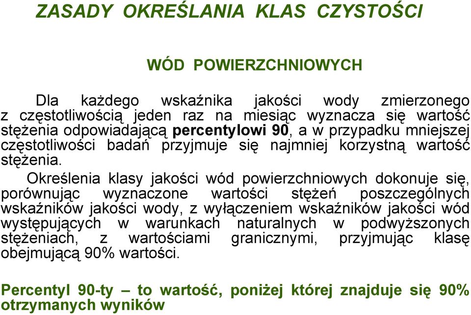 Określenia klasy jakości wód powierzchniowych dokonuje się, porównując wyznaczone wartości stężeń poszczególnych wskaźników jakości wody, z wyłączeniem wskaźników jakości