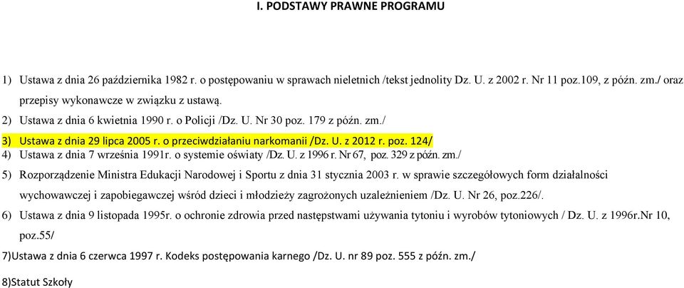 poz. 124/ 4) Ustawa z dnia 7 września 1991r. o systemie oświaty /Dz. U. z 1996 r. Nr 67, poz. 329 z późn. zm./ 5) Rozporządzenie Ministra Edukacji Narodowej i Sportu z dnia 31 stycznia 2003 r.