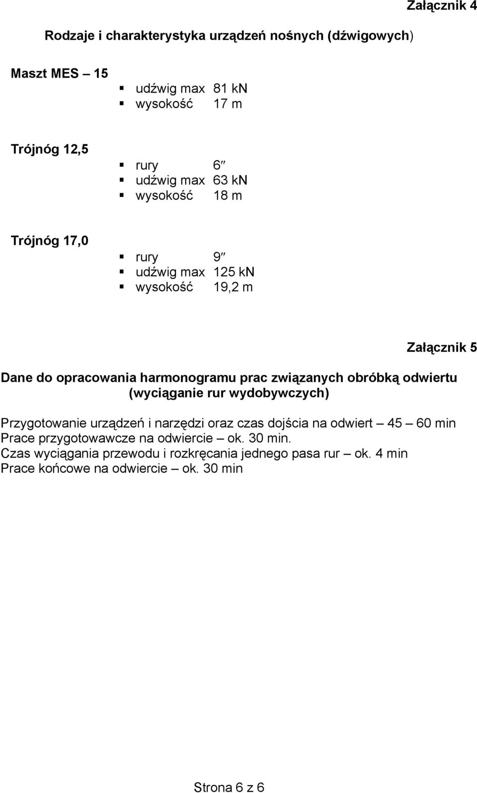 obróbką odwiertu (wyciąganie rur wydobywczych) Przygotowanie urządzeń i narzędzi oraz czas dojścia na odwiert 45 60 min Prace