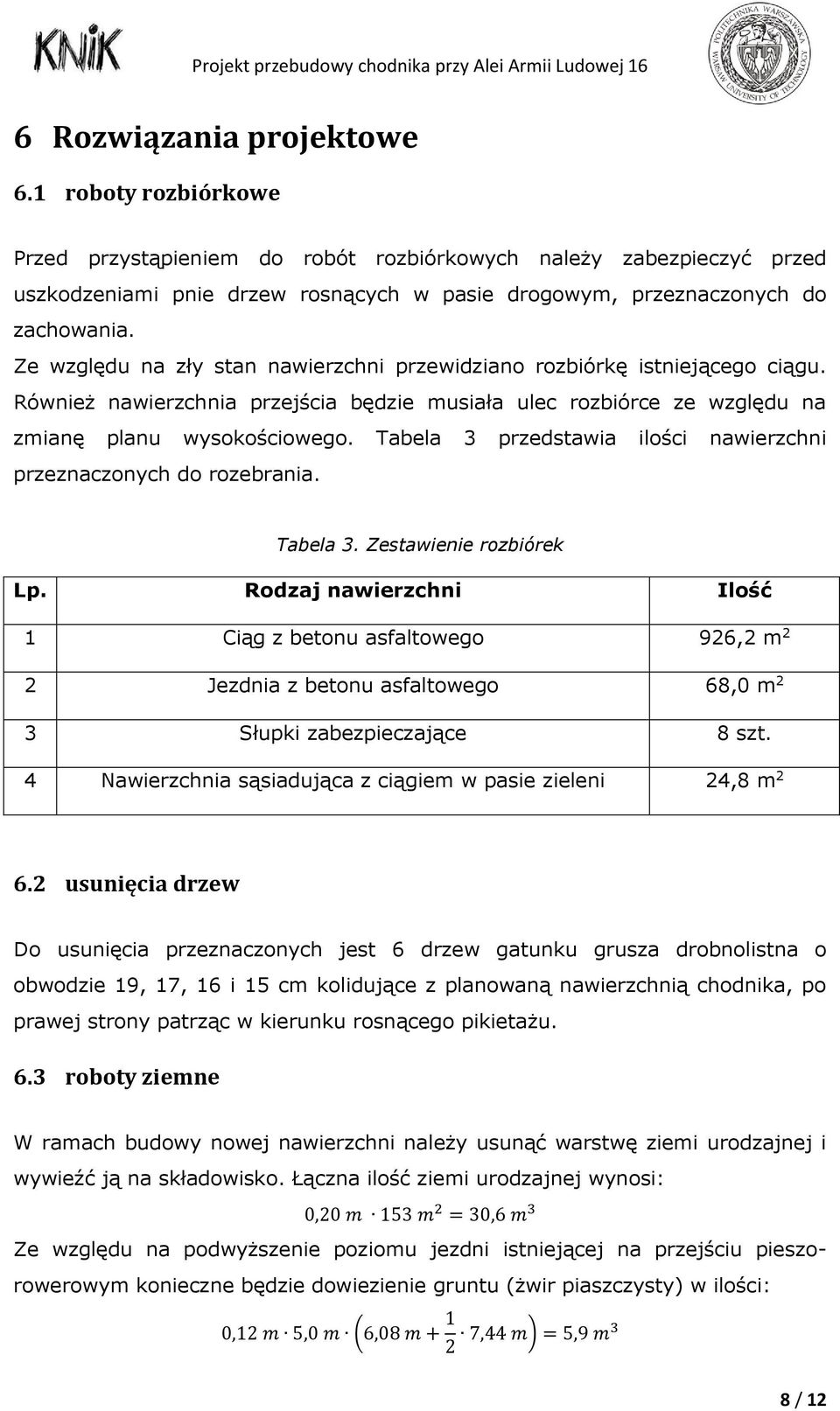 Tabela 3 przedstawia ilości nawierzchni przeznaczonych do rozebrania. Tabela 3. Zestawienie rozbiórek Lp.