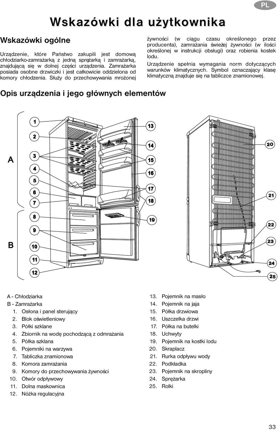 S³u y do przechowywania mro onej Opis urz¹dzenia i jego g³ównych elementów PL ywnoœci (w ci¹gu czasu okreœlonego przez producenta), zamra ania œwie ej ywnoœci (w iloœci okreœlonej w instrukcji