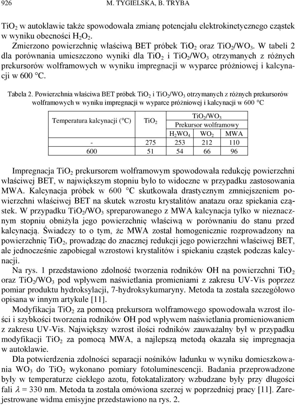 W tabeli 2 dla porównania umieszczono wyniki dla TiO 2 i TiO 2 /WO 3 otrzymanych z różnych prekursorów wolframowych w wyniku impregnacji w wyparce próżniowej i kalcynacji w 600 C. Tabela 2.