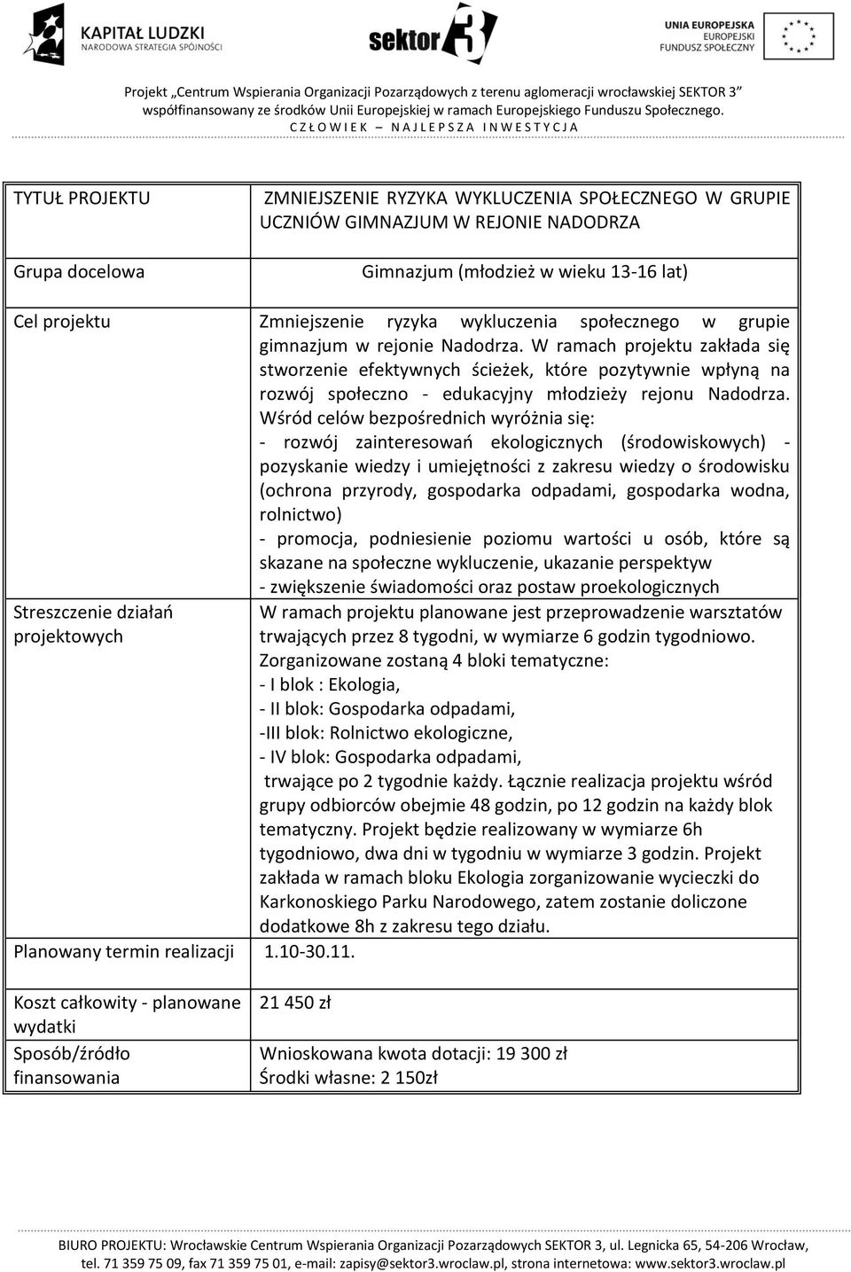 W ramach projektu zakłada się stworzenie efektywnych ścieżek, które pozytywnie wpłyną na rozwój społeczno - edukacyjny młodzieży rejonu Nadodrza.