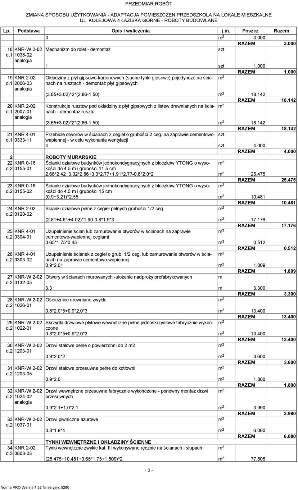 142 Konstrukcje rusztow pod okładziny z płyt gipsowych z listew drewnianych na ścianach - deontaż rusztu (3.65+3.02)*2*(2.86-1.50) 18.142 RAZEM 18.