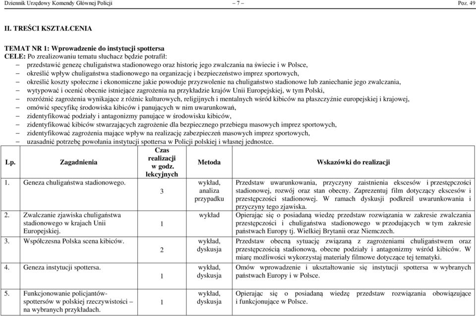 na świecie i w Polsce, określić wpływ chuligaństwa stadionowego na organizację i bezpieczeństwo imprez sportowych, określić koszty społeczne i ekonomiczne jakie powoduje przyzwolenie na chuligaństwo