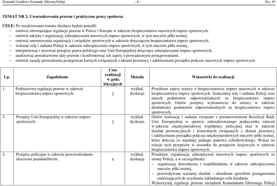 bezpieczeństwa masowych imprez sportowych, omówić taktykę i organizację zabezpieczenia masowych imprez sportowych, w tym meczów piłki nożnej, omówić unormowania organizacji i związków sportowych w