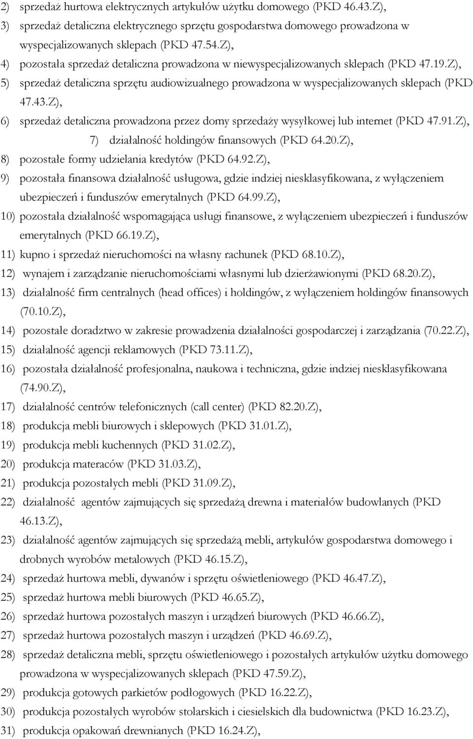 Z), 6) sprzedaż detaliczna prowadzona przez domy sprzedaży wysyłkowej lub internet (PKD 47.91.Z), 7) działalność holdingów finansowych (PKD 64.20.Z), 8) pozostałe formy udzielania kredytów (PKD 64.92.