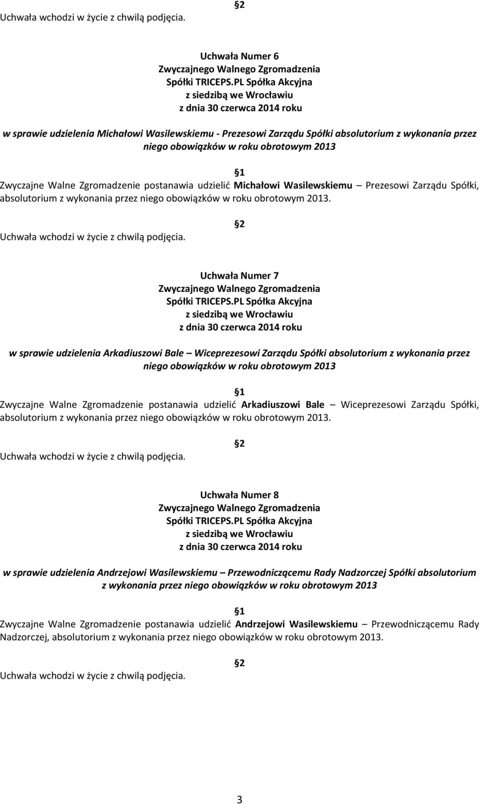 obrotowym 2013 Zwyczajne Walne Zgromadzenie postanawia udzielić Arkadiuszowi Bale Wiceprezesowi Zarządu Spółki, Uchwała Numer 8 w sprawie udzielenia Andrzejowi Wasilewskiemu Przewodniczącemu Rady