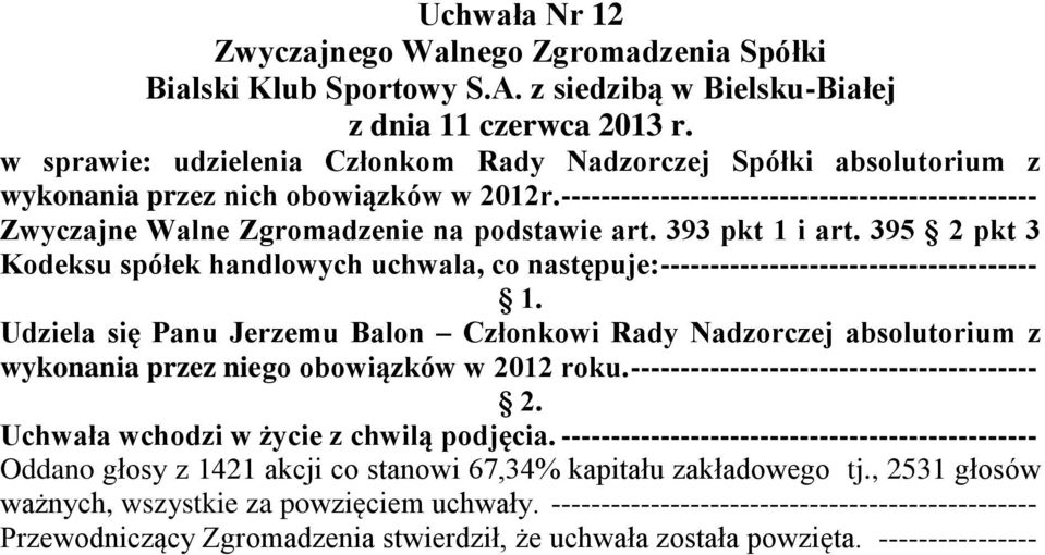 395 2 pkt 3 Kodeksu spółek handlowych uchwala, co następuje: -------------------------------------- Udziela się Panu Jerzemu Balon Członkowi Rady Nadzorczej