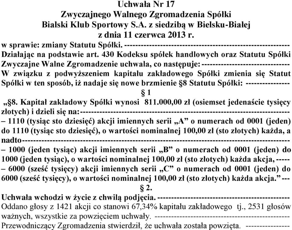 się Statut Spółki w ten sposób, iż nadaje się nowe brzmienie 8 Statutu Spółki: ---------------- 1 8. Kapitał zakładowy Spółki wynosi 811.