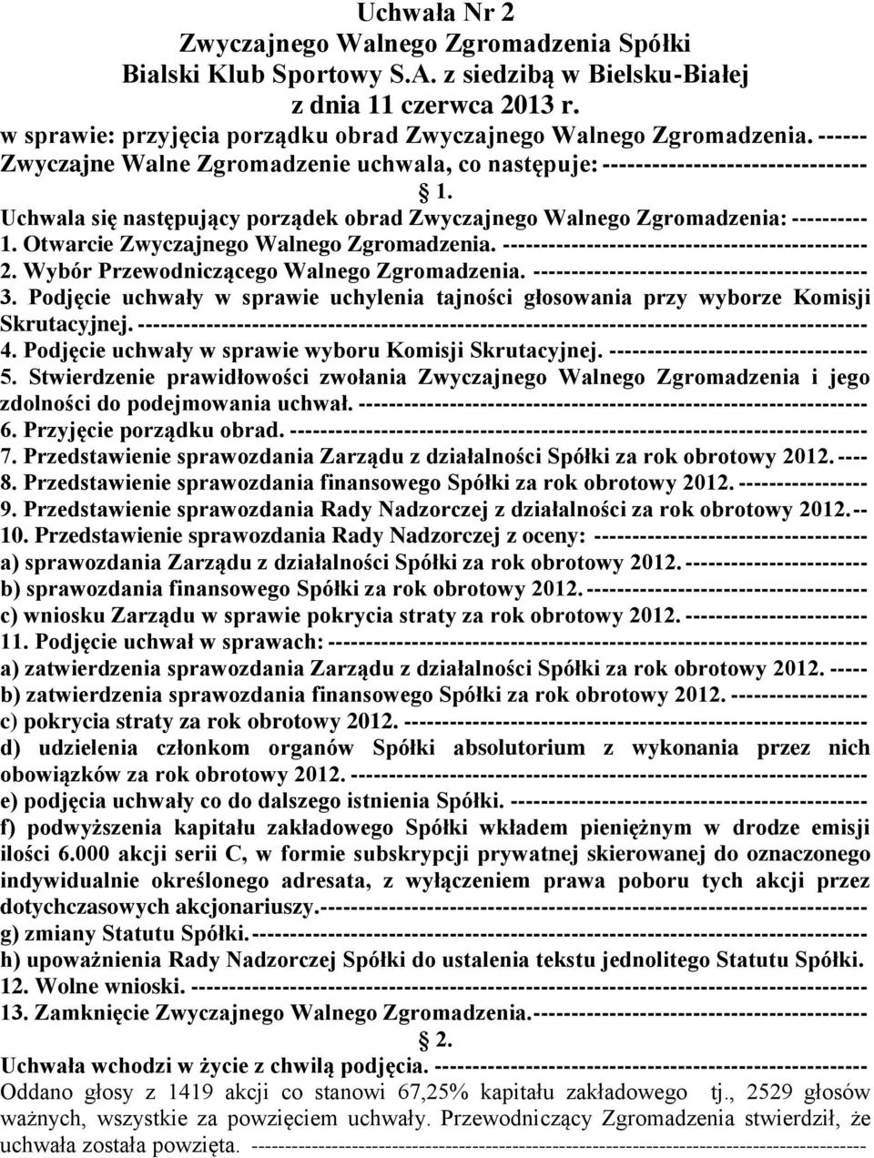 Otwarcie Zwyczajnego Walnego Zgromadzenia. ------------------------------------------------ 2. Wybór Przewodniczącego Walnego Zgromadzenia. -------------------------------------------- 3.