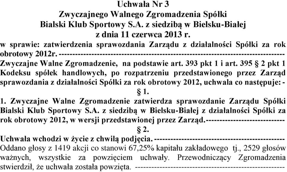 395 2 pkt 1 Kodeksu spółek handlowych, po rozpatrzeniu przedstawionego przez Zarząd sprawozdania z działalności Spółki za rok obrotowy 2012, uchwala co następuje: - 1.