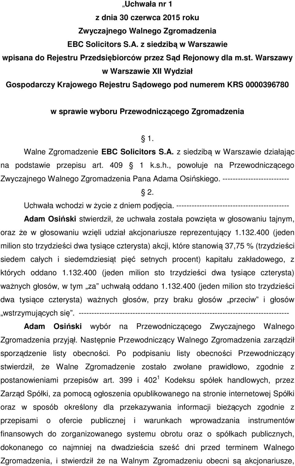 -------------------------------------------- Adam Osiński stwierdził, że uchwała została powzięta w głosowaniu tajnym, wstrzymujących się.