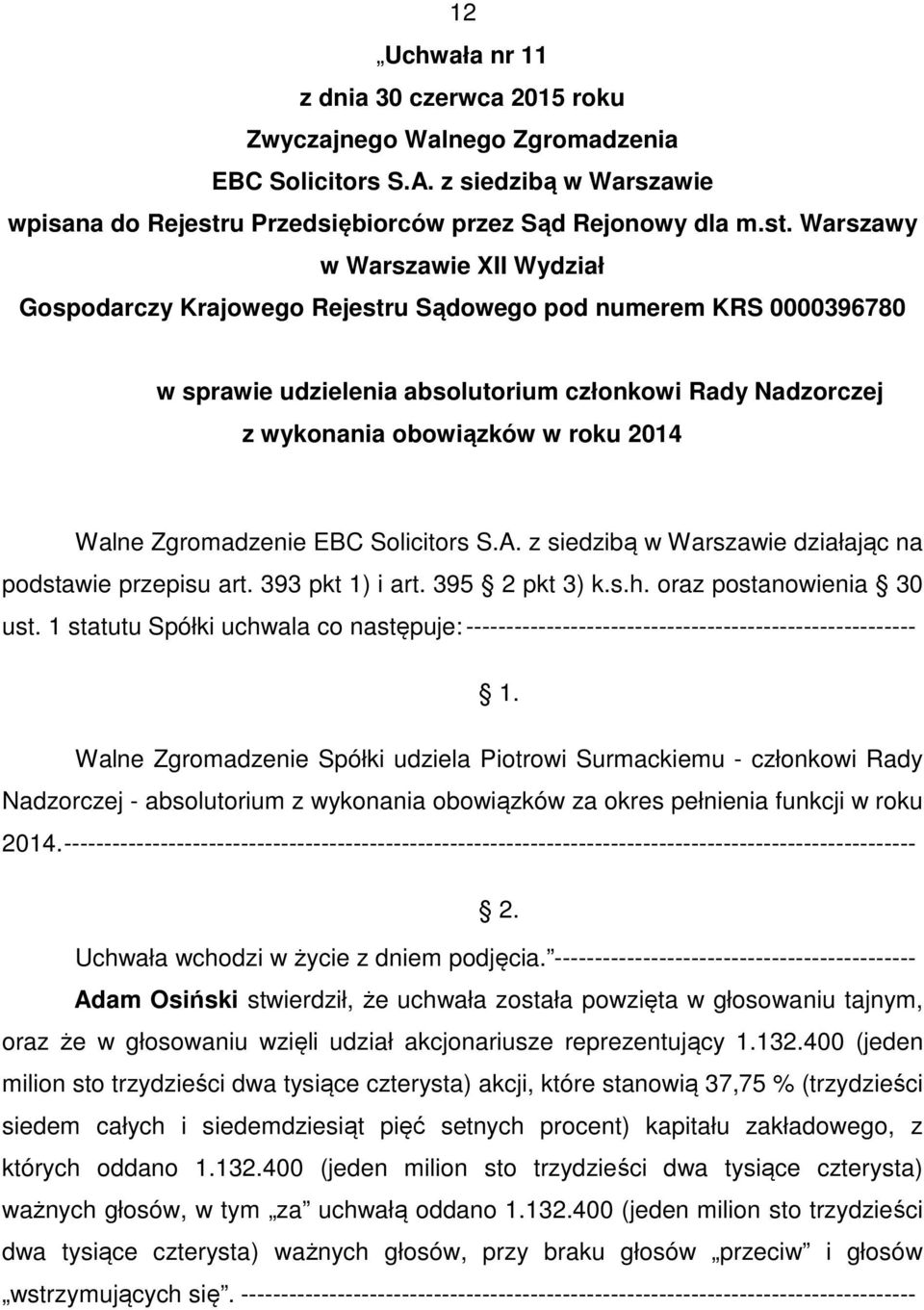 1 statutu Spółki uchwala co następuje:-------------------------------------------------------- Walne Zgromadzenie Spółki udziela Piotrowi Surmackiemu - członkowi Rady Nadzorczej - absolutorium z