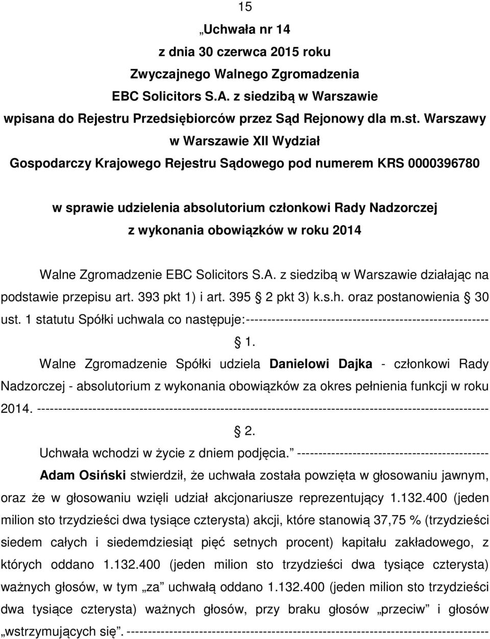 1 statutu Spółki uchwala co następuje:--------------------------------------------------------- Walne Zgromadzenie Spółki udziela Danielowi Dajka - członkowi Rady Nadzorczej - absolutorium z