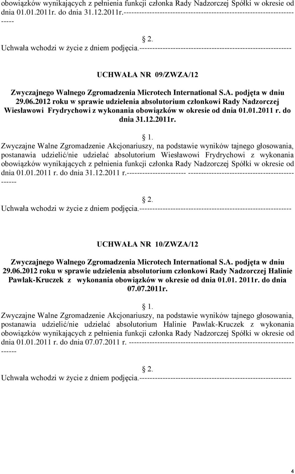 2012 roku w sprawie udzielenia absolutorium członkowi Rady Nadzorczej Wiesławowi Frydrychowi z wykonania obowiązków w okresie od dnia 01.01.2011 r. do dnia 31.12.2011r.