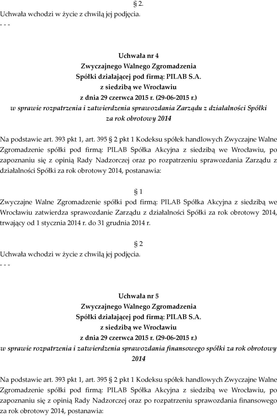 działalności Spółki za rok obrotowy 2014, postanawia: Zwyczajne Walne Zgromadzenie spółki pod firmą: PILAB Spółka Akcyjna z siedzibą we Wrocławiu zatwierdza sprawozdanie Zarządu z działalności Spółki