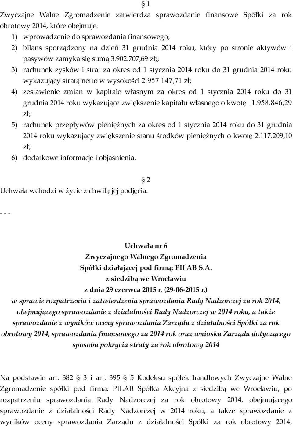 957.147,71 zł; 4) zestawienie zmian w kapitale własnym za okres od 1 stycznia 2014 roku do 31 grudnia 2014 roku wykazujące zwiększenie kapitału własnego o kwotę _1.958.