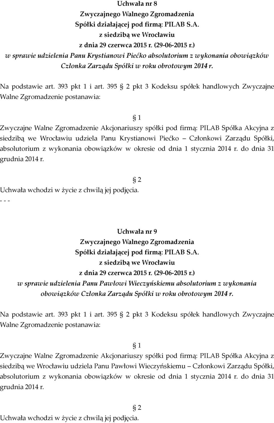 Zarządu Spółki, absolutorium z wykonania obowiązków w okresie od dnia 1 stycznia 2014 r. do dnia 31 grudnia 2014 r.