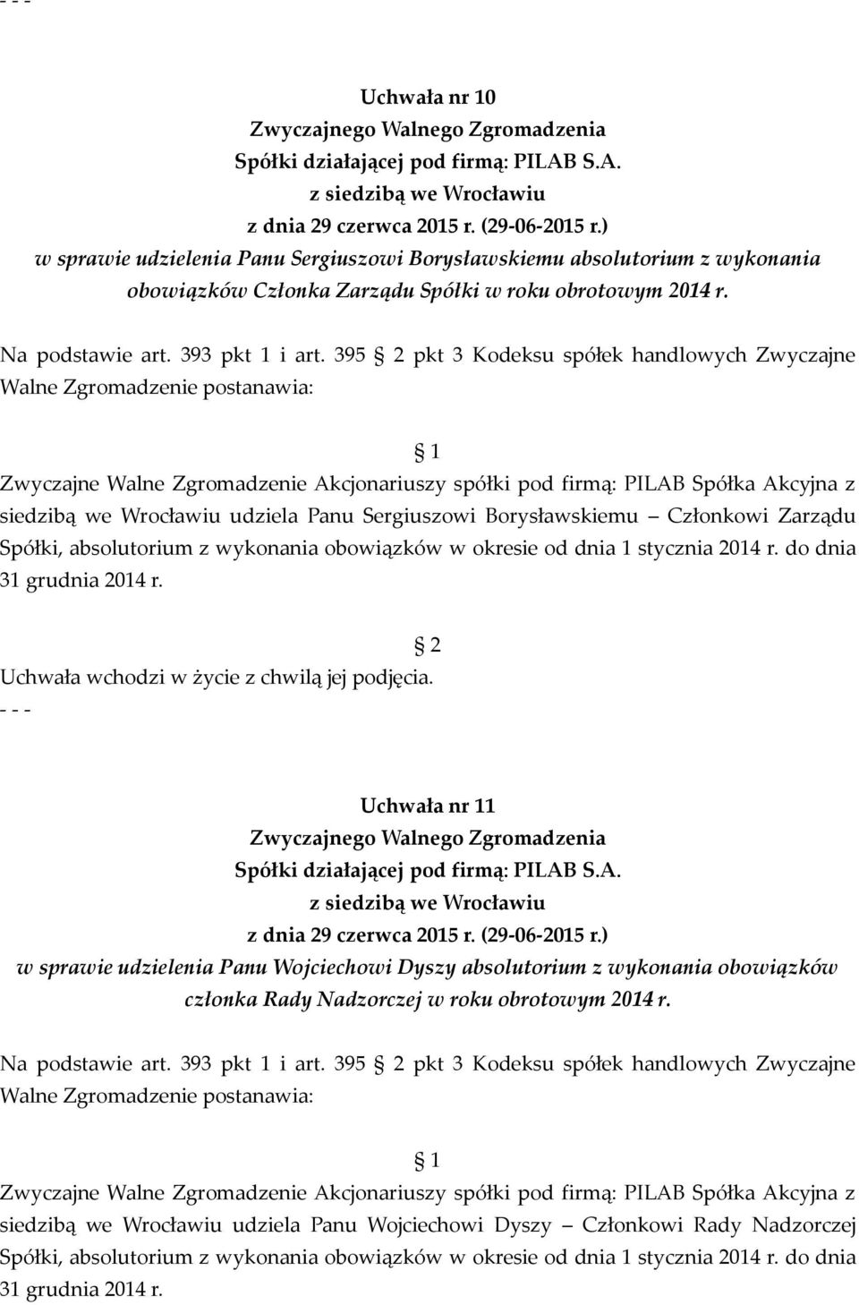 Członkowi Zarządu Spółki, absolutorium z wykonania obowiązków w okresie od dnia 1 stycznia 2014 r. do dnia 31 grudnia 2014 r.