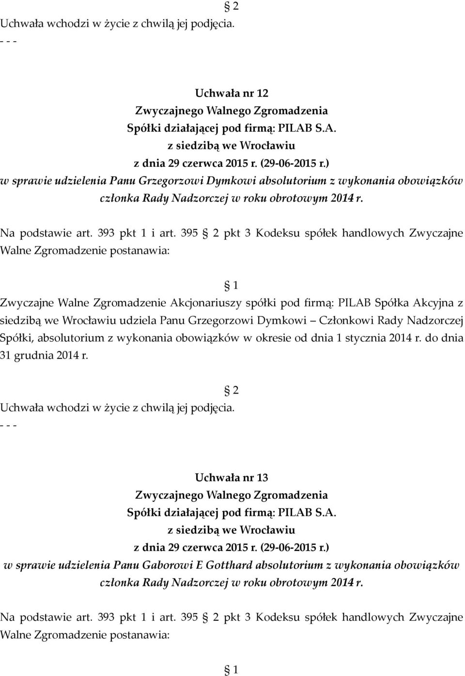 Dymkowi Członkowi Rady Nadzorczej Spółki, absolutorium z wykonania obowiązków w okresie od dnia 1 stycznia 2014 r. do dnia 31 grudnia 2014 r.