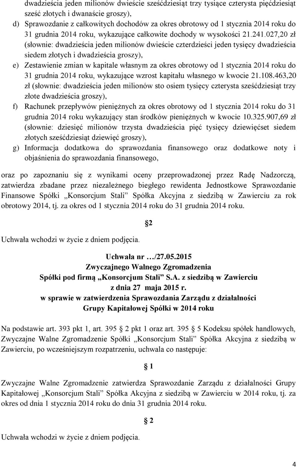 027,20 zł (słownie: dwadzieścia jeden milionów dwieście czterdzieści jeden tysięcy dwadzieścia siedem złotych i dwadzieścia groszy), e) Zestawienie zmian w kapitale własnym za okres obrotowy od 1