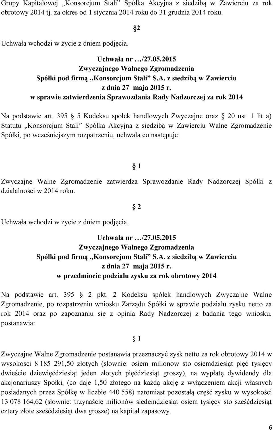 1 lit a) Statutu Konsorcjum Stali Spółka Akcyjna z siedzibą w Zawierciu Walne Zgromadzenie Spółki, po wcześniejszym rozpatrzeniu, uchwala co następuje: 1 Zwyczajne Walne Zgromadzenie zatwierdza