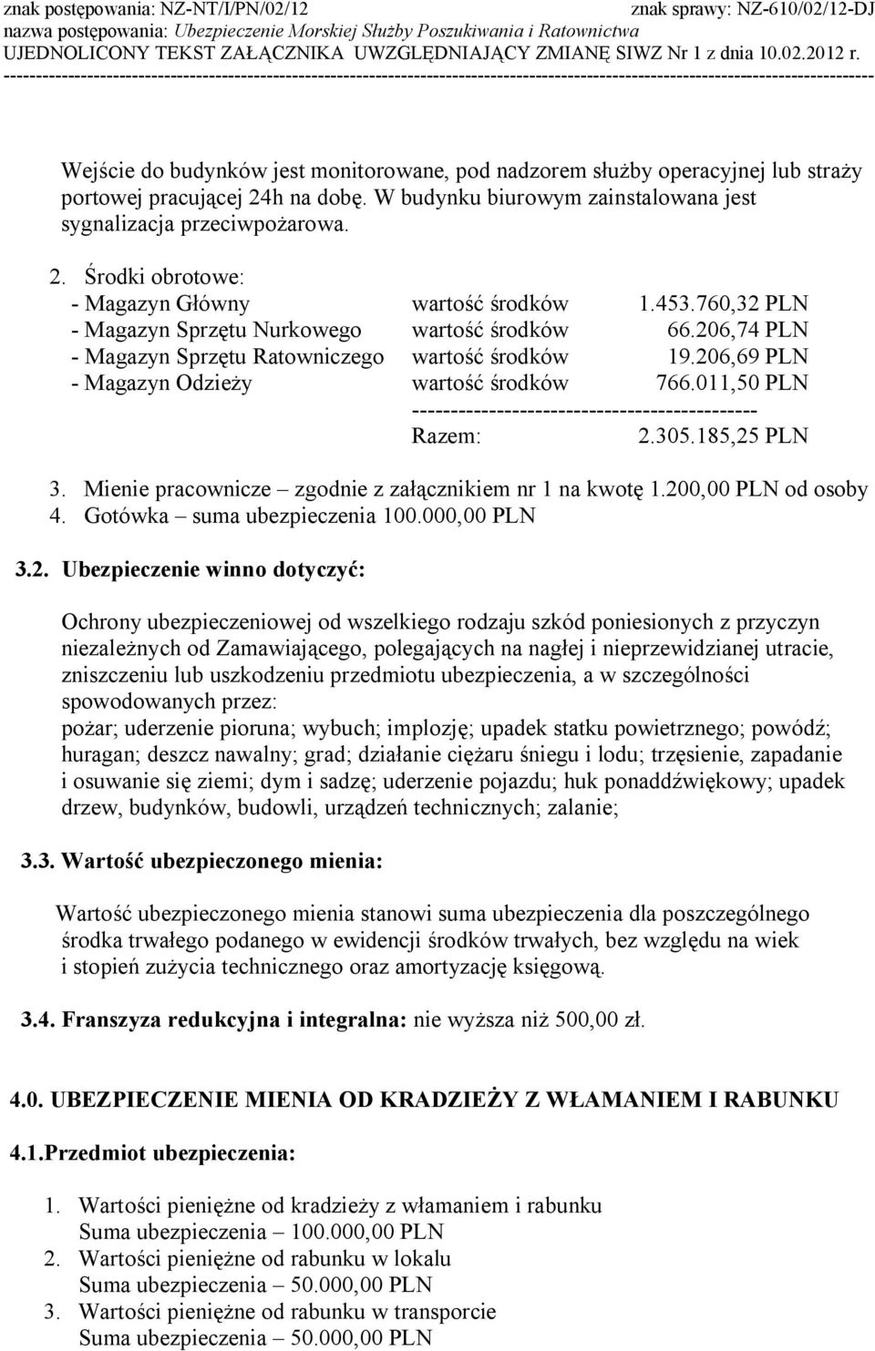 011,50 PLN --------------------------------------------- Razem: 2.305.185,25 PLN 3. Mienie pracownicze zgodnie z załącznikiem nr 1 na kwotę 1.200,00 PLN od osoby 4. Gotówka suma ubezpieczenia 100.