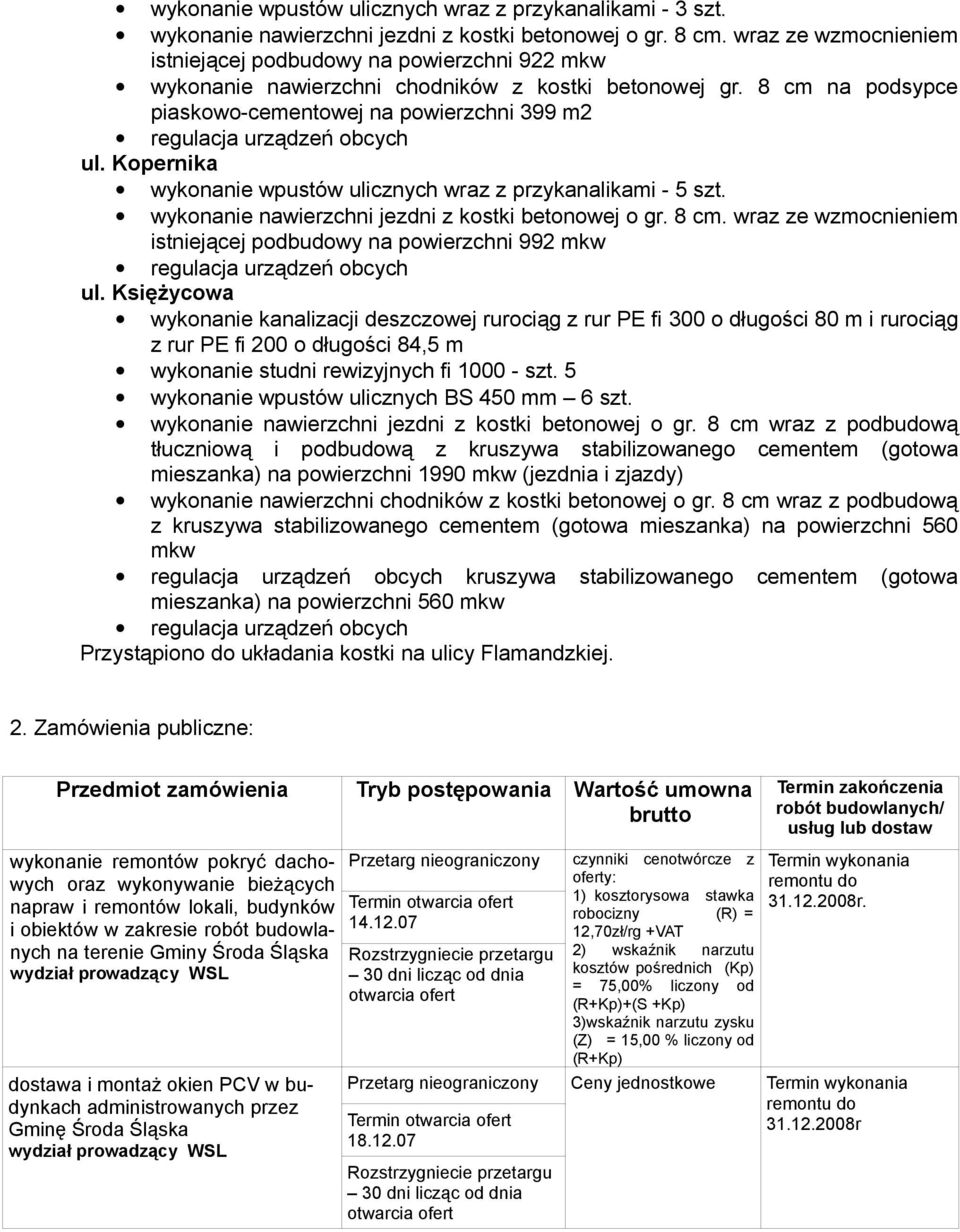 8 cm na podsypce piaskowo-cementowej na powierzchni 399 m2 regulacja urządzeń obcych ul. Kopernika wykonanie wpustów ulicznych wraz z przykanalikami - 5 szt.