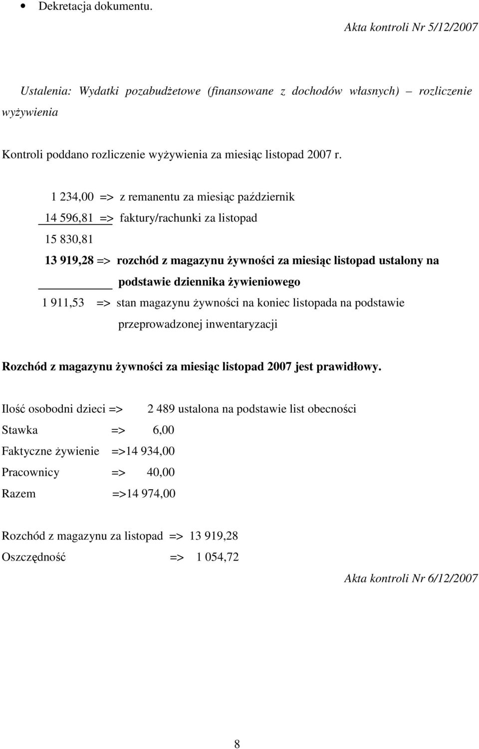 1 234,00 => z remanentu za miesiąc październik 14 596,81 => faktury/rachunki za listopad 15 830,81 13 919,28 => rozchód z magazynu Ŝywności za miesiąc listopad ustalony na podstawie dziennika