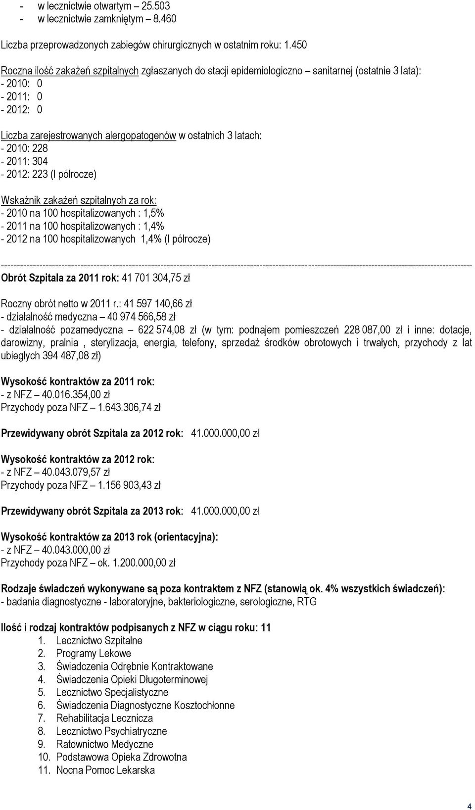 2010: 228-2011: 304-2012: 223 (I półrocze) Wskaźnik zakażeń szpitalnych za rok: - 2010 na 100 hospitalizowanych : 1,5% - 2011 na 100 hospitalizowanych : 1,4% - 2012 na 100 hospitalizowanych 1,4% (I