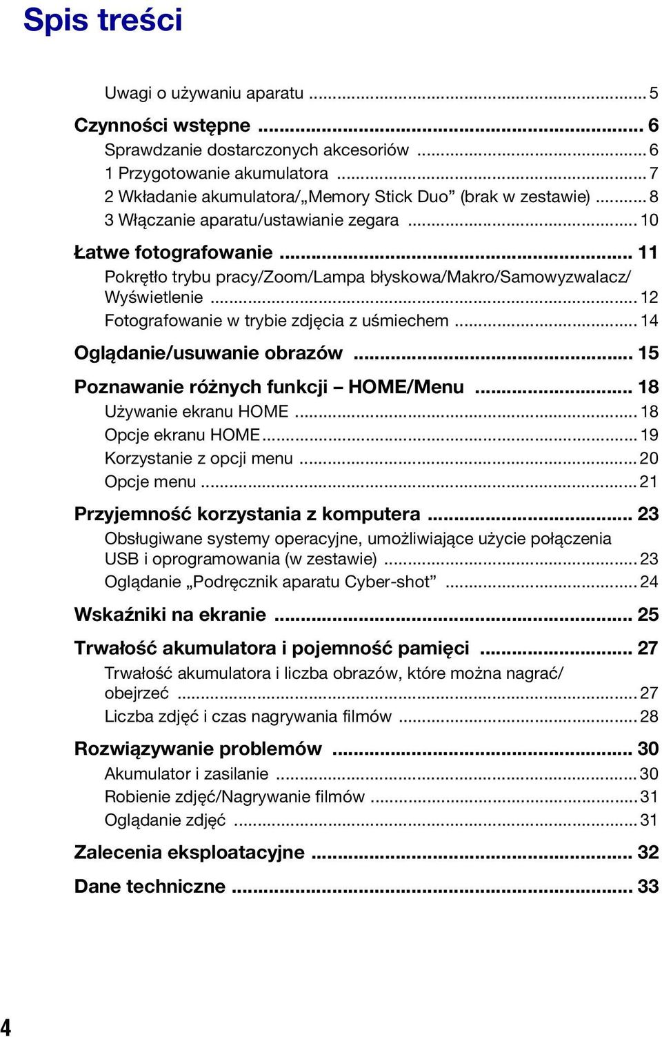 .. 14 Oglądanie/usuwanie obrazów... 15 Poznawanie różnych funkcji HOME/Menu... 18 Używanie ekranu HOME... 18 Opcje ekranu HOME...19 Korzystanie z opcji menu... 20 Opcje menu.