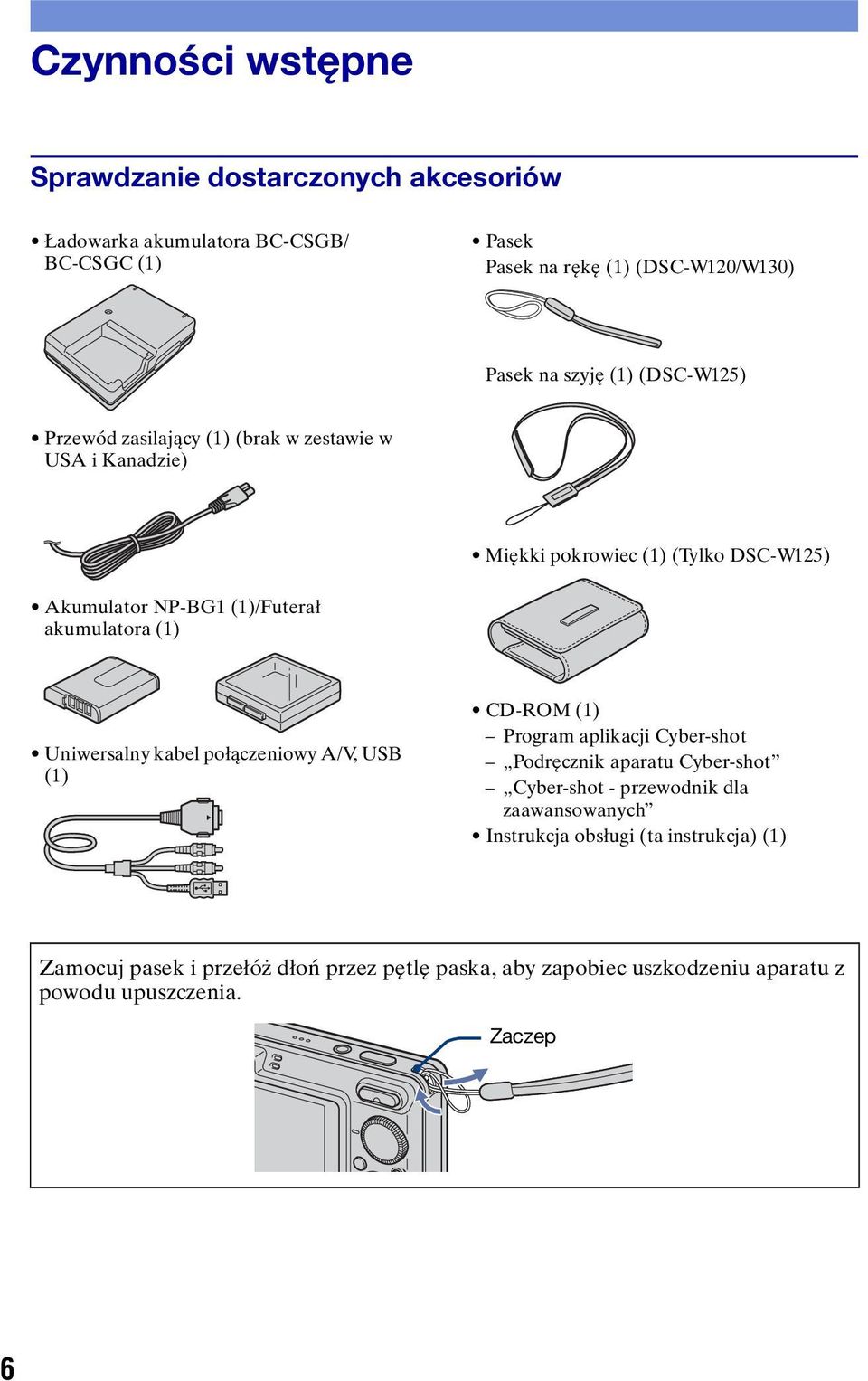 (1) Uniwersalny kabel połączeniowy A/V, USB (1) CD-ROM (1) Program aplikacji Cyber-shot Podręcznik aparatu Cyber-shot Cyber-shot - przewodnik dla