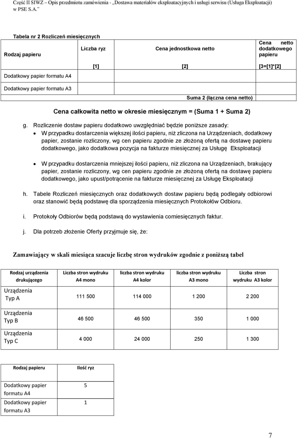 Rozliczenie dostaw papieru dodatkowo uwzględniać będzie poniższe zasady: W przypadku dostarczenia większej ilości papieru, niż zliczona na ch, dodatkowy papier, zostanie rozliczony, wg cen papieru