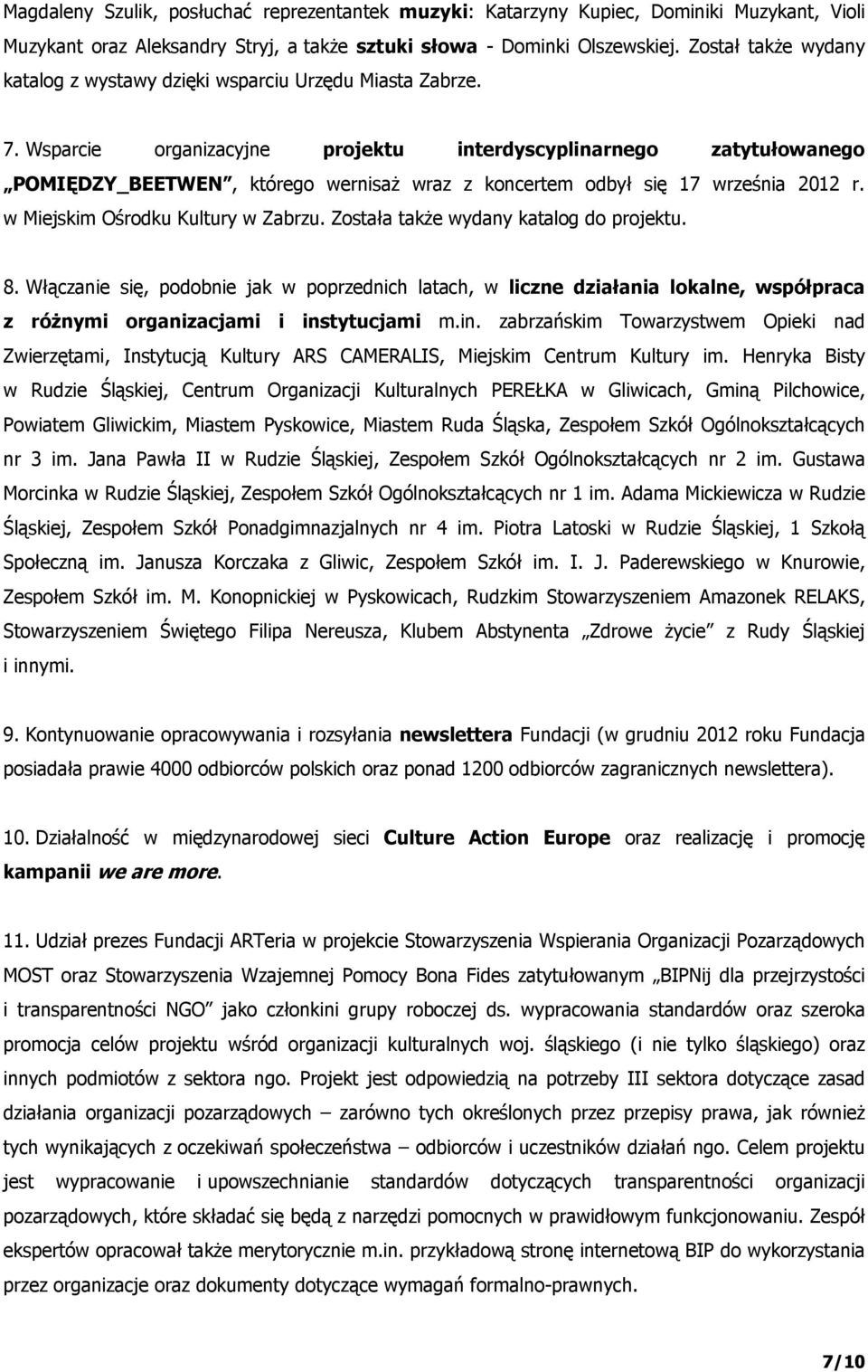 Wsparcie organizacyjne projektu interdyscyplinarnego zatytułowanego POMIĘDZY_BEETWEN, którego wernisaż wraz z koncertem odbył się 17 września 2012 r. w Miejskim Ośrodku Kultury w Zabrzu.