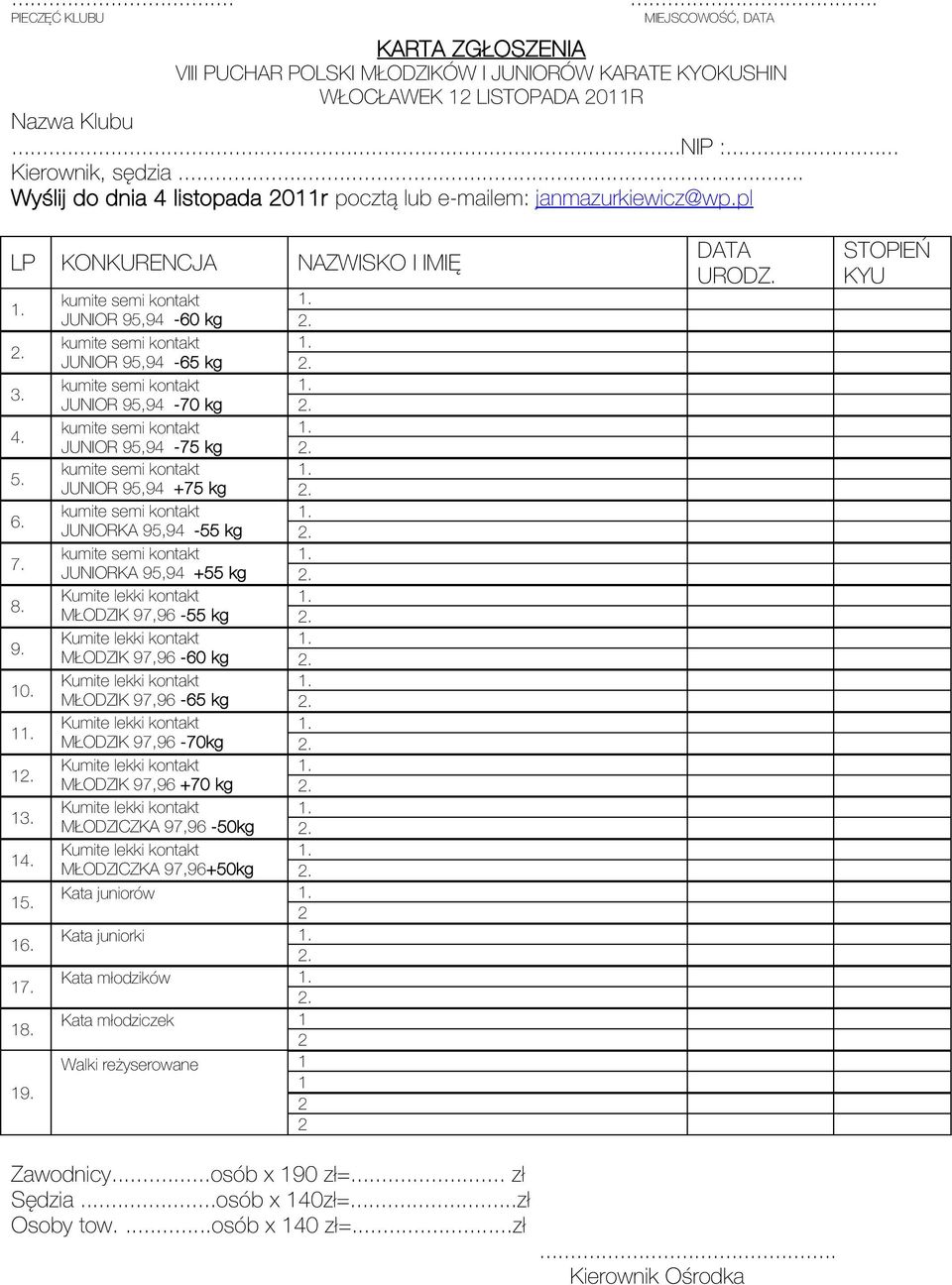 JUNIOR 95,94-65 kg. JUNIOR 95,94-70 kg. JUNIOR 95,94-75 kg. JUNIOR 95,94 +75 kg. JUNIORKA 95,94-55 kg. JUNIORKA 95,94 +55 kg. MŁODZIK 97,96-55 kg. MŁODZIK 97,96-60 kg. MŁODZIK 97,96-65 kg.