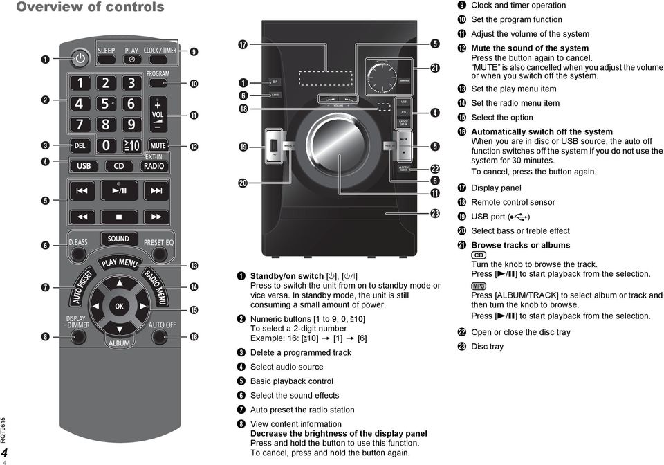 M Set the play menu item N Set the radio menu item O Select the option C D E EXT-IN RADIO L S T E V F K W P Automatically switch off the system When you are in disc or USB source, the auto off